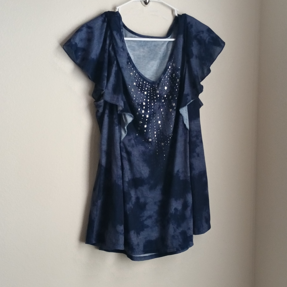 Energe World Wear Blouse Women 2X Blue & Silver Ruffle Versatile Celestial Tops